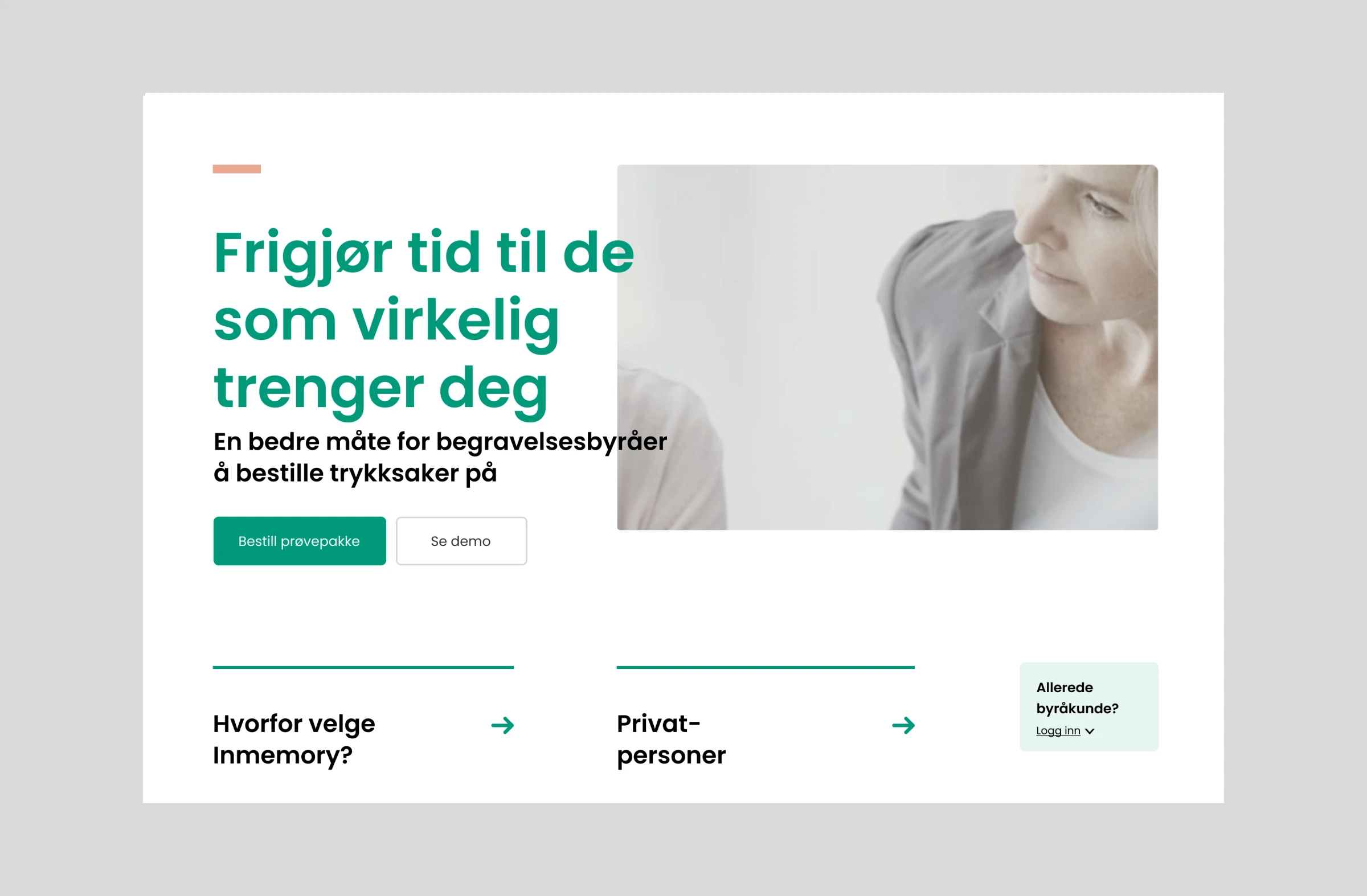 Desktop versjon av nettstedet inmemory.no