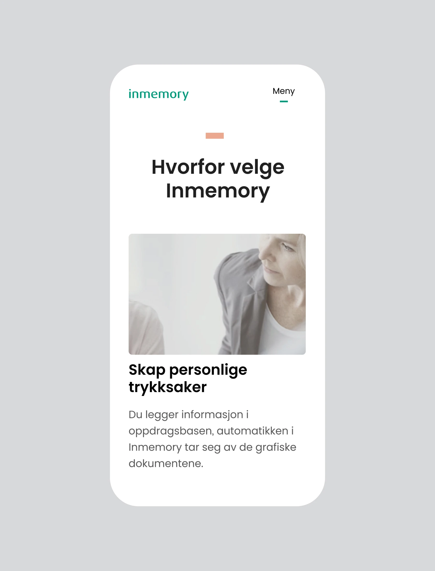 Mobilversjon av nettstedet. Overskriften er Hvorfor velge Inmemory.