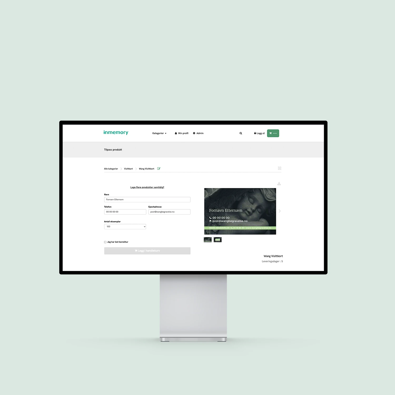 PC skjerm som viser bestillingsportalen til Inmemory.